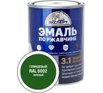 Эмаль по ржавчине 3в1 ЭКСПЕРТ глянцевая зеленый RAL 6002 0,8 кг 28239