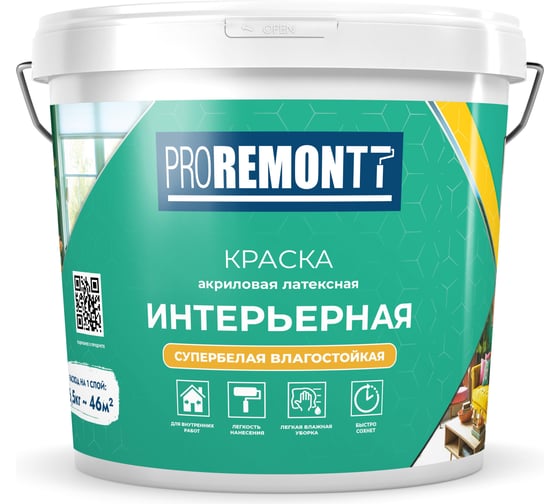 Интерьерная краска Proremontt влагостойкая, супербелая, 6.5 кг Лк-00012725