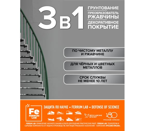 Грунт-эмаль FERRUM LAB по ржавчине 3 в 1 гладкая светло-серая RAL 7040 глянцевая, банка 2 л 213351