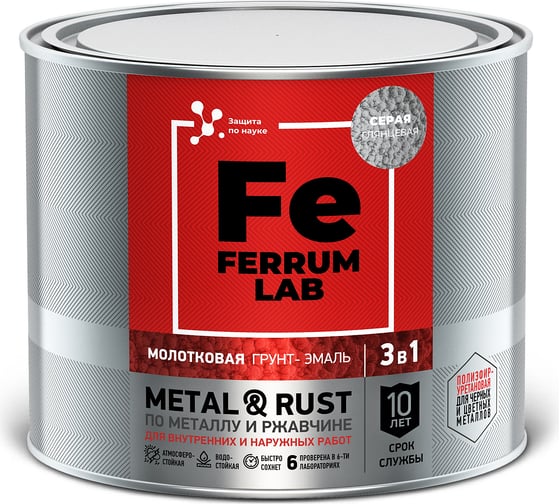 Грунт-эмаль FERRUM LAB по ржавчине 3 в 1 молотковая серая, банка 2 л 213538