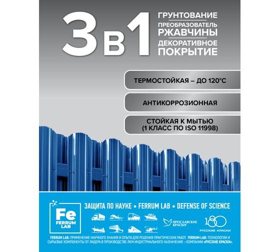 Грунт-эмаль FERRUM LAB по ржавчине 3 в 1 для внутренних работ акриловая полуматовая база А, банка 0,5 л О05210