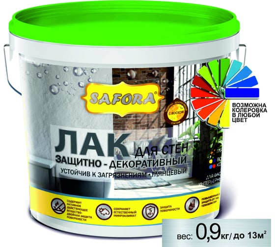 Акриловый лак для стен SAFORA глянцевый, бесцветный, без запаха, 0.9 л L2