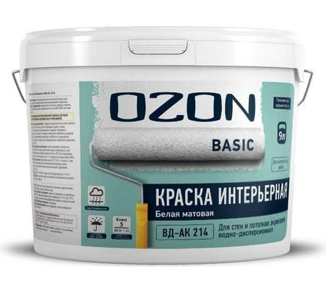 Интерьерная краска OZON BASIC А ВД-АК 214 (с повышенной укрывистостью; белая; 9 л; 14 кг) ВД-АК-214А-14