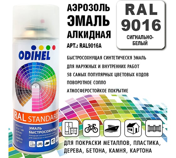 Алкидная аэрозольная эмаль ODIHEL RAL9016 сигнально-белый, 520 мл RAL9016A