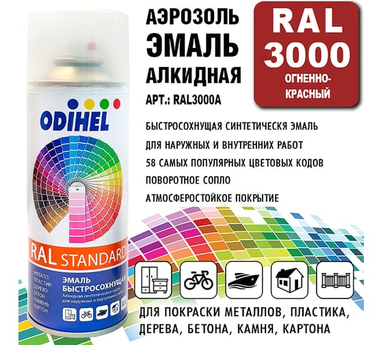 Алкидная аэрозольная эмаль ODIHEL RAL3000 огненно-красный, 520 мл RAL3000A
