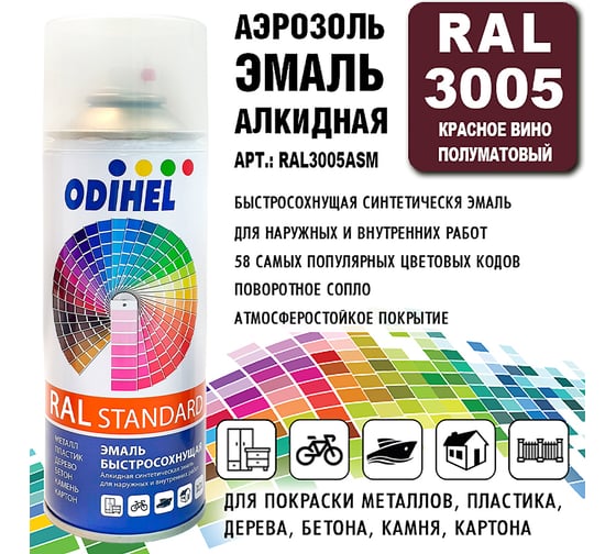 Алкидная аэрозольная эмаль ODIHEL RAL3005 красное вино, полуматовый, 520 мл RAL3005ASM