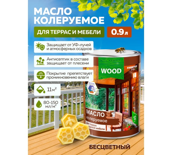 Колеруемое масло для террас и садовой мебели FARBITEX (бесцветный; 0.9 л) 4300005045