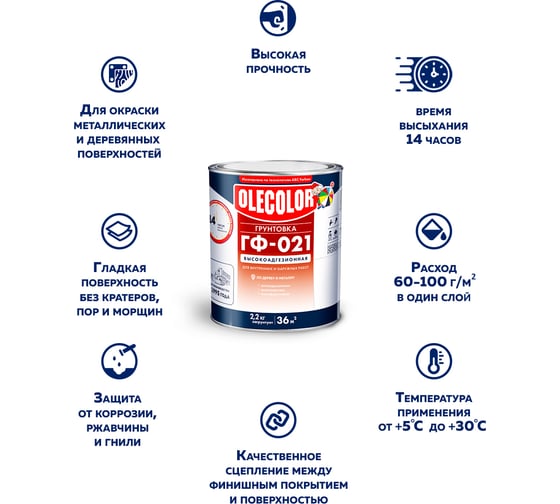 Грунтовка OLECOLOR ГФ-021 серый, 2.2 кг 4300003712
