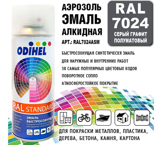 Аэрозоль эмаль алкидная ODIHEL RAL7024 Серый графит полуматовый, 520 мл RAL7024ASM