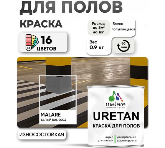 Краска MALARE URETAN для пола, полуглянцевая, белая, 0,9 кг 2015390488046
