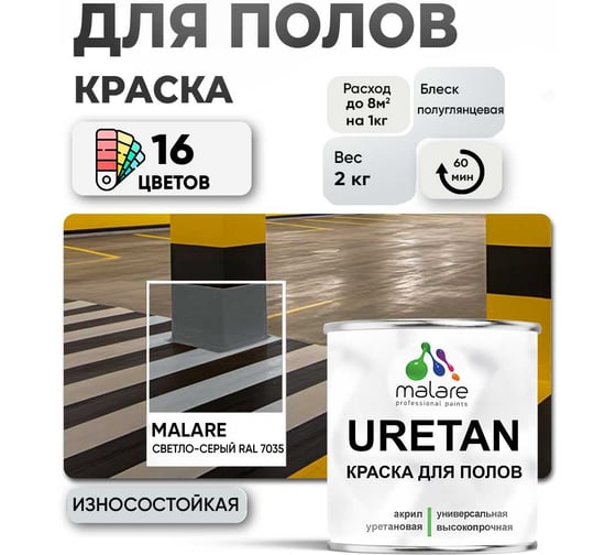 Краска MALARE URETAN для пола, полуглянцевая, светло-серая, 2 кг 2015375834042