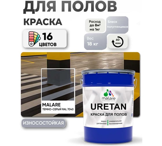Краска MALARE URETAN для пола, полуглянцевая, темно-серая, 18 кг 2015227118276