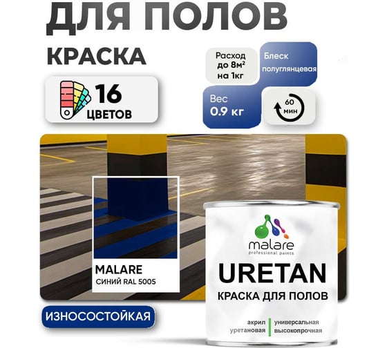 Краска MALARE URETAN для пола, полуглянцевая, синяя, 0,9 кг 2015375834035