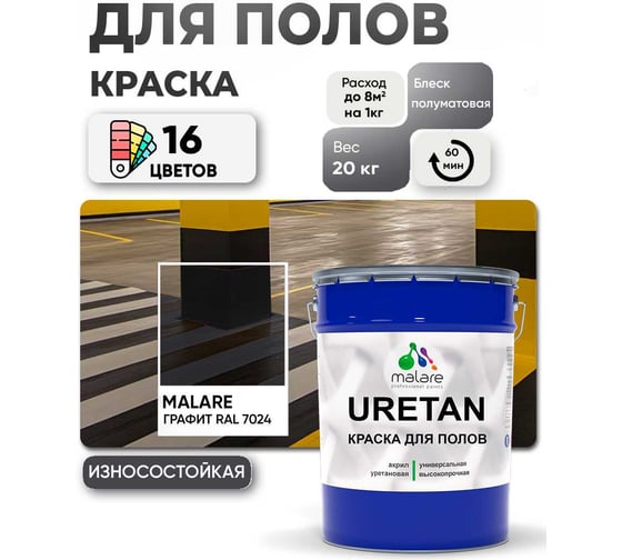 Краска MALARE URETAN для пола, полуматовая, графитовый, 20 кг 2015227118108