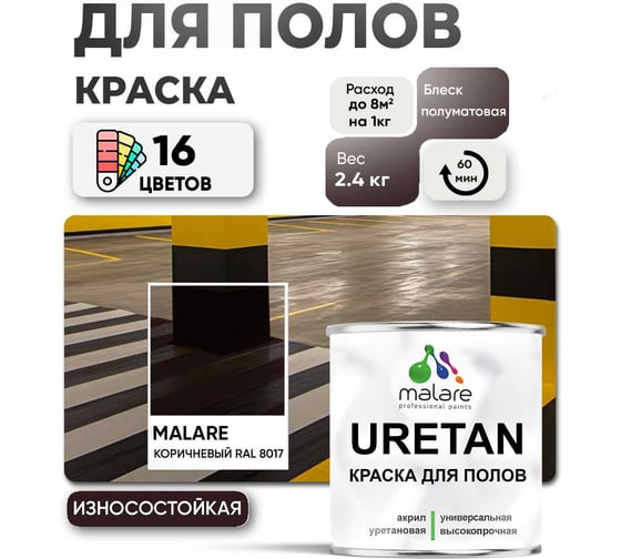 Краска MALARE URETAN для пола, полуматовая, коричневая, 2,4 кг 2015226750002