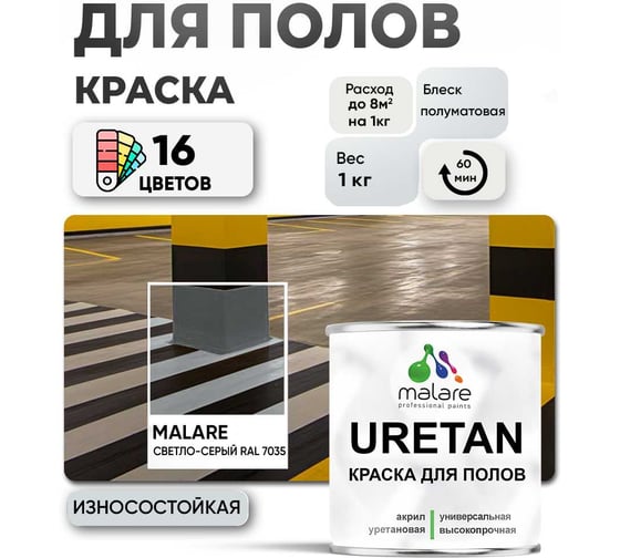 Краска MALARE URETAN для пола, полуматовая, светло-серая, 1 кг 2015222564153