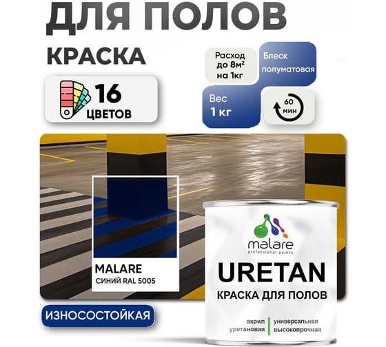 Краска MALARE URETAN для пола, полуматовая, синяя, 1 кг 2015222564115