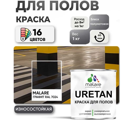 Краска MALARE URETAN для пола, полуматовая, графитовый, 1 кг 2015227118139