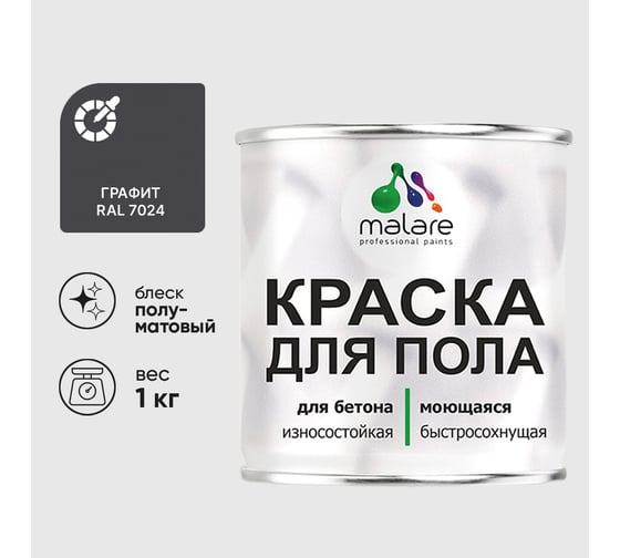 Краска URETAN для пола MALARE полуматовая, графитовый, 1 кг КУРТН7024ПМ0100