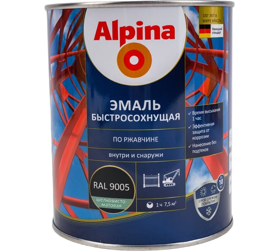 Эмаль по ржавчине ALPINA (быстросохнущая; RAL 9005; 0.75 л) 948104223