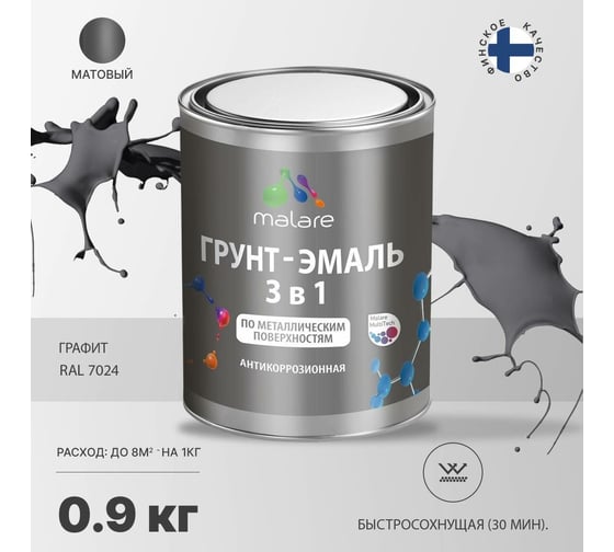 Грунт-Эмаль MALARE 3 в 1 по ржавчине, акриловая, графитово-серый(темный), матовая, 0,9 кг 7930085241483