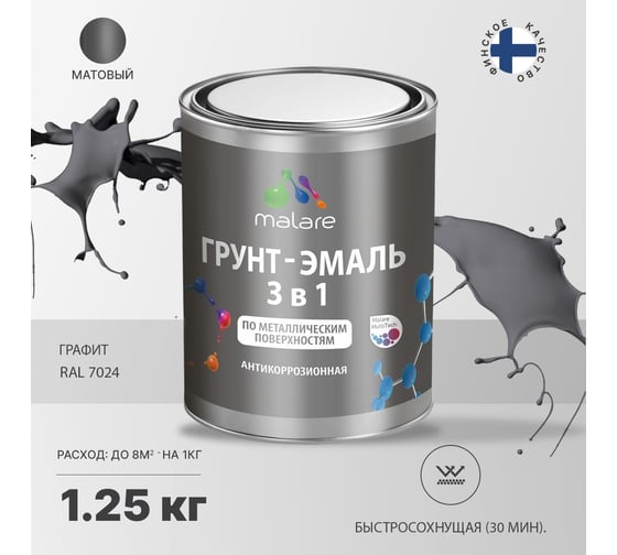Грунт-Эмаль MALARE 3 в 1 по ржавчине, акриловая, графитово-серый(темный), матовая, 1,25 кг 7930085241490