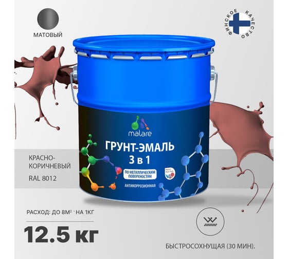 Грунт-Эмаль MALARE 3 в 1 по ржавчине, акриловая, красно-коричневый, матовая, 12,5 кг 7930085241773
