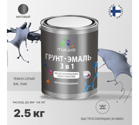Грунт-Эмаль MALARE 3 в 1 по ржавчине, акриловая, темно-серый, матовая, 2,5 кг 7930085241698