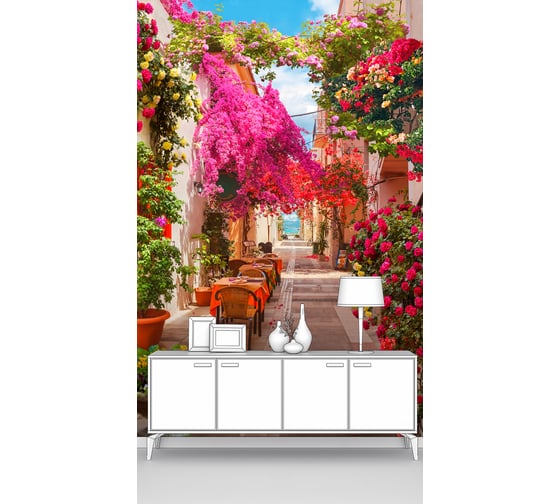 Фотообои город "Уличные столики на цветущей розами улочке" 200x300 ШxВ ООО Первое ателье pw78674