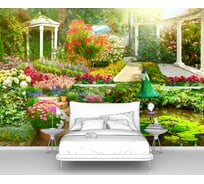 Фотообои птицы "Пруд в цветущем саду с ротондой и павлином" 400x270 ШxВ ООО Первое ателье pw78669