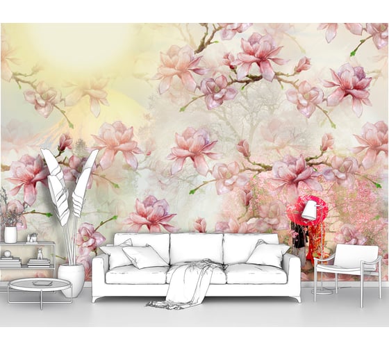 Фотообои цветы "Ветки с цветущей магнолией на солнце" 300x205 ШxВ ООО Первое ателье pw78665-3 1