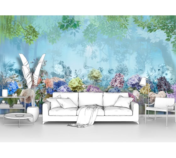 Фотообои лес в тумане "Цветы на фоне туманного леса" 185x100 ШxВ ООО Первое ателье pw97348-1 1