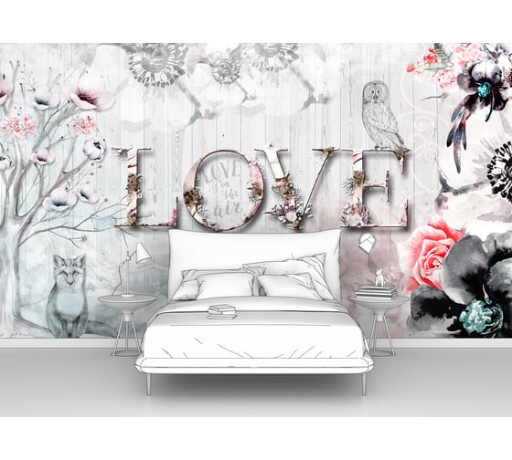 Фотообои "Рисунок дерева и цветов на заборе с надписью LOVE" 400x230 ШxВ ООО Первое ателье pw93998-4