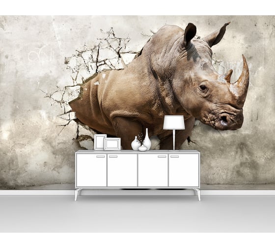 Фотообои лофт животные "3D носорог в проломе старой стены" 400x250 ШxВ ООО Первое ателье pw72265-4