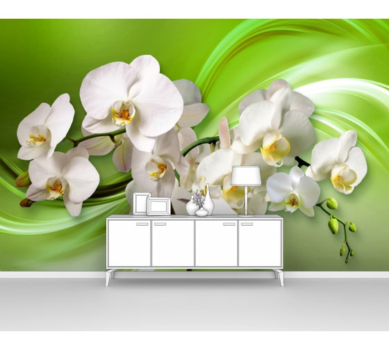 Фотообои цветы "Орхидеи на зеленом шелке" 150x100 ШxВ ООО Первое ателье pw140515-1 1