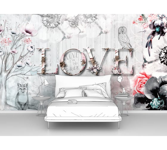 Фотообои "Рисунок дерева и цветов на заборе с надписью LOVE" 175x100 ШxВ ООО Первое ателье pw93998-1 1
