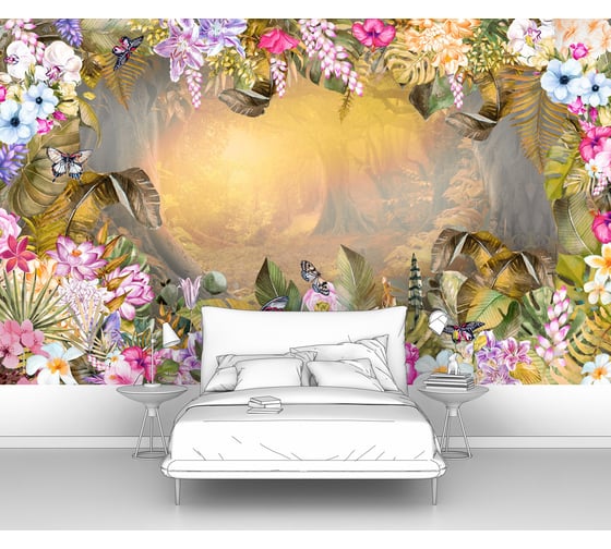 Фотообои "Рассвет в сказочном лесу в обрамлении цветов" 200x120 ШxВ ООО Первое ателье pw94542-2 1