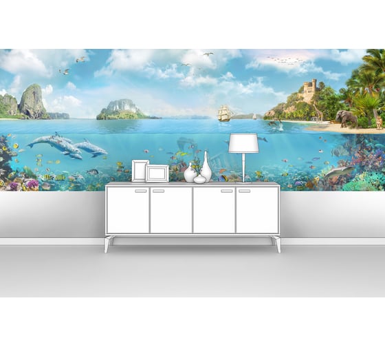 Фотообои ООО Первое ателье море "Лазурная бухта с дельфинами" 300x100 см pw94765-3 1