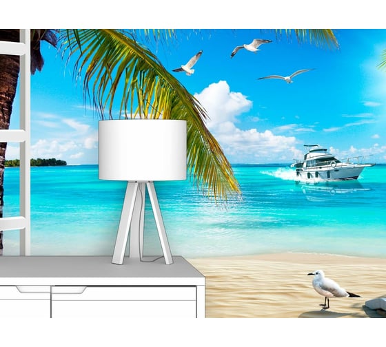 Фотообои море "Пляж с пальмами в открытом окне" 400x250 ШxВ ООО Первое ателье pw141422-4