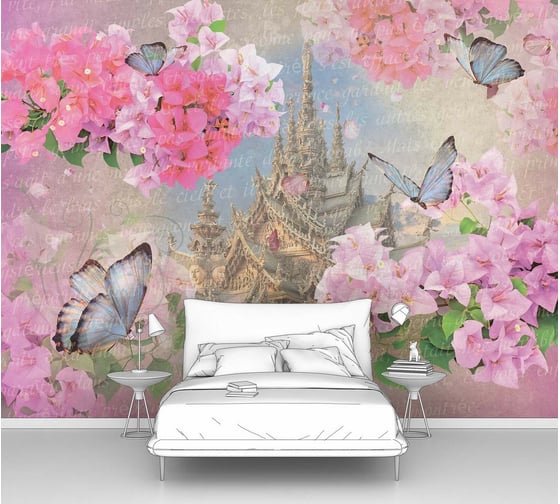 Фотообои "Яркие цветы на фоне замка" 400x300 ШxВ ООО Первое ателье pw28700-4 1