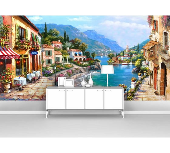 Фотообои город "Улица с кафе вдоль побережья" 200x100 ШxВ ООО Первое ателье pw94514-2 1