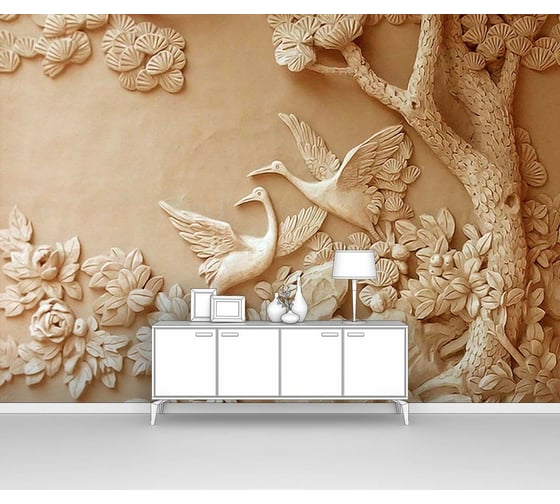 Фотообои 3d "Журавли у дерева. Резьба" 200x140 ШxВ ООО Первое ателье pw95255-2 1