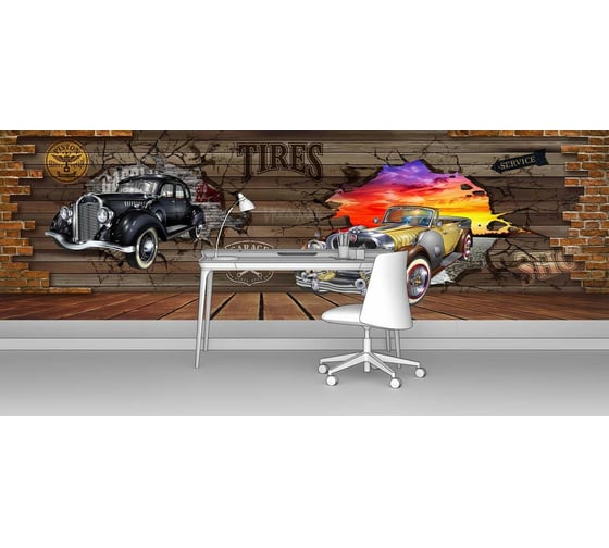 Фотообои машина "Деревянная стена с ретро авто" 400x125 ШxВ ООО Первое ателье pw94959-4 1