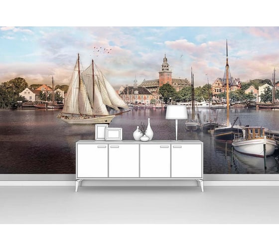 Фотообои "Лодки и парусники на воде у города" 190x100 ШxВ ООО Первое ателье pw78616-1 1