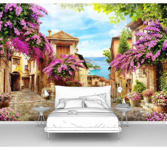 Фотообои город "Утопающая в цветах улица" 200x145 ШxВ ООО Первое ателье pw141376-2