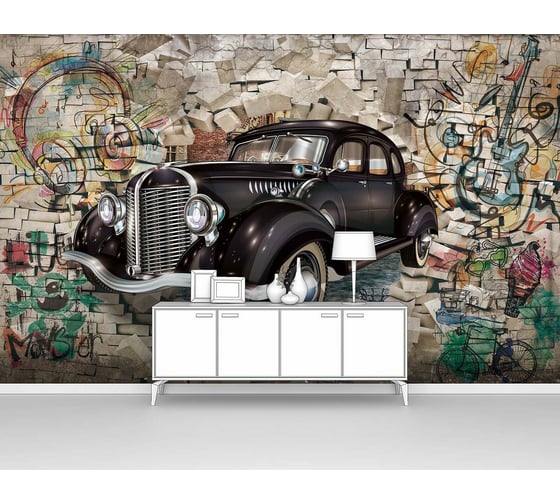 Фотообои машина лофт "Ретро автомобиль на фоне граффити" 300x190 ШxВ ООО Первое ателье pw94953-3 1