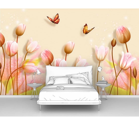 Фотообои цветы "Розовые тюльпаны с бабочками" 300x190 ШxВ ООО Первое ателье pw96645-3 1
