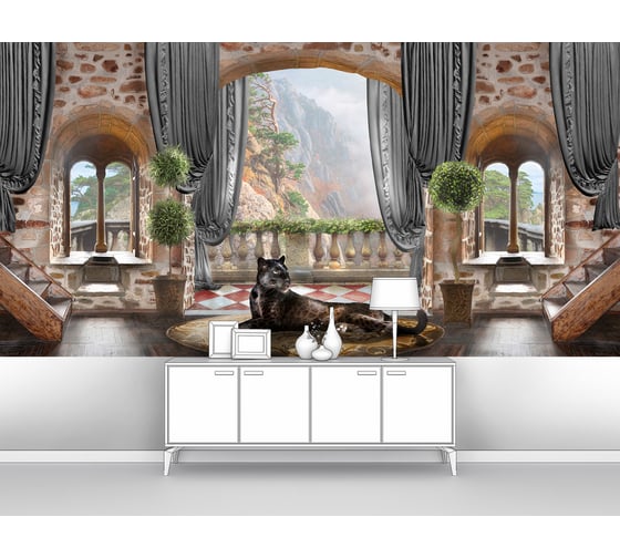 Фотообои животные лофт "Пантера на полу в центре зала в замке" 400x200 ШxВ ООО Первое ателье pw78649 1