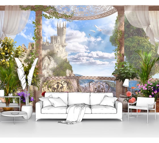 Фотообои "Балкон с пальмами с видом на море и замок" 400x260 ШxВ ООО Первое ателье pw78647 1