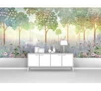 Фотообои лес в тумане "Белая лошадь и олень в туманном лесу" 400x200 ШxВ ООО Первое ателье pw93965-4